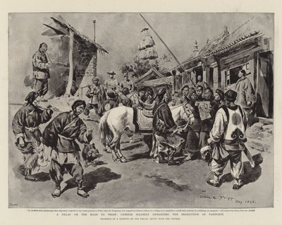 Een vertraging op de weg naar Peking, Chinese soldaten eisen de productie van paspoorten door Charles Edwin Fripp